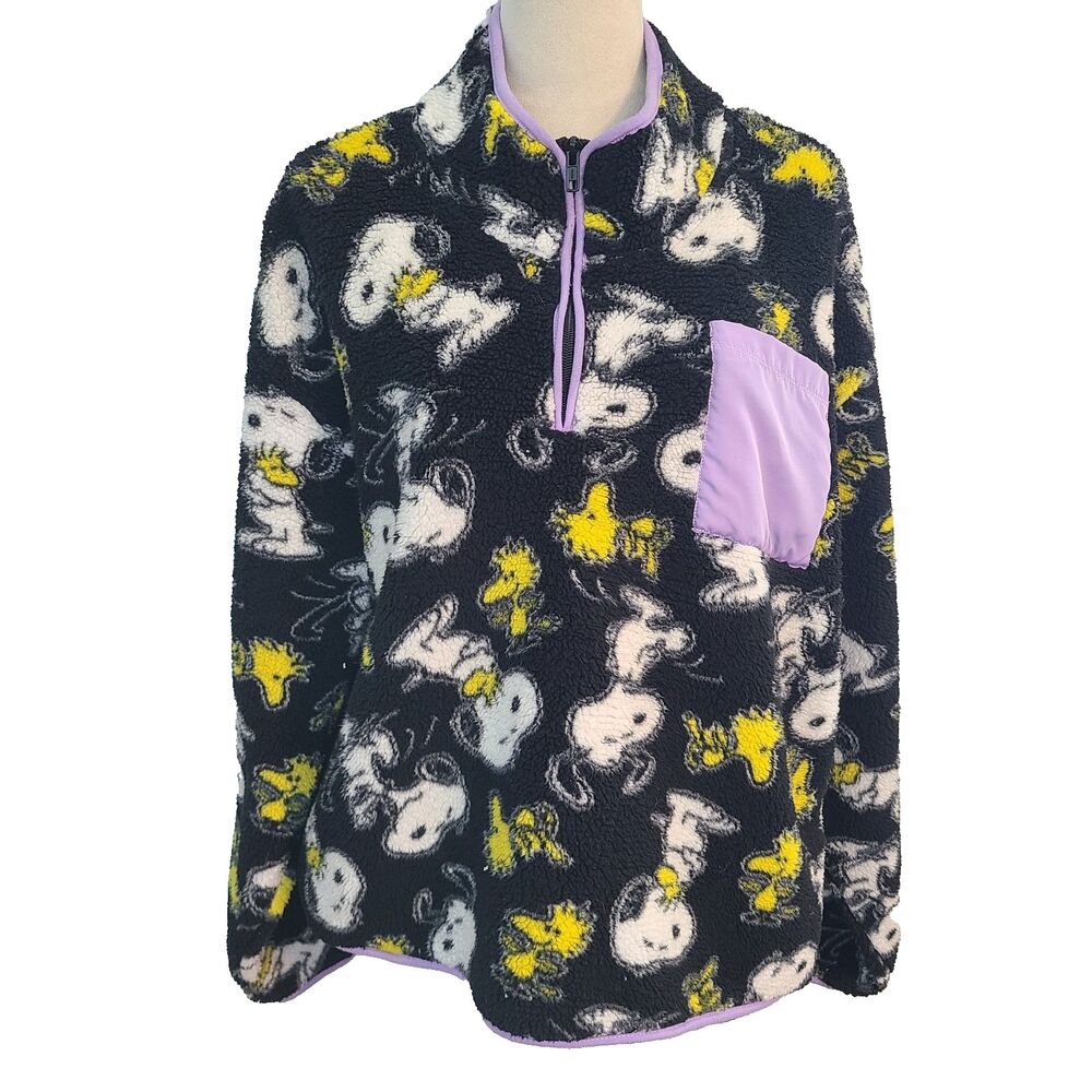 Peanuts Snoopy Woodstock Fleece 1/4 Zip Pullover Womens XL Y2K Streetwear Kawaii